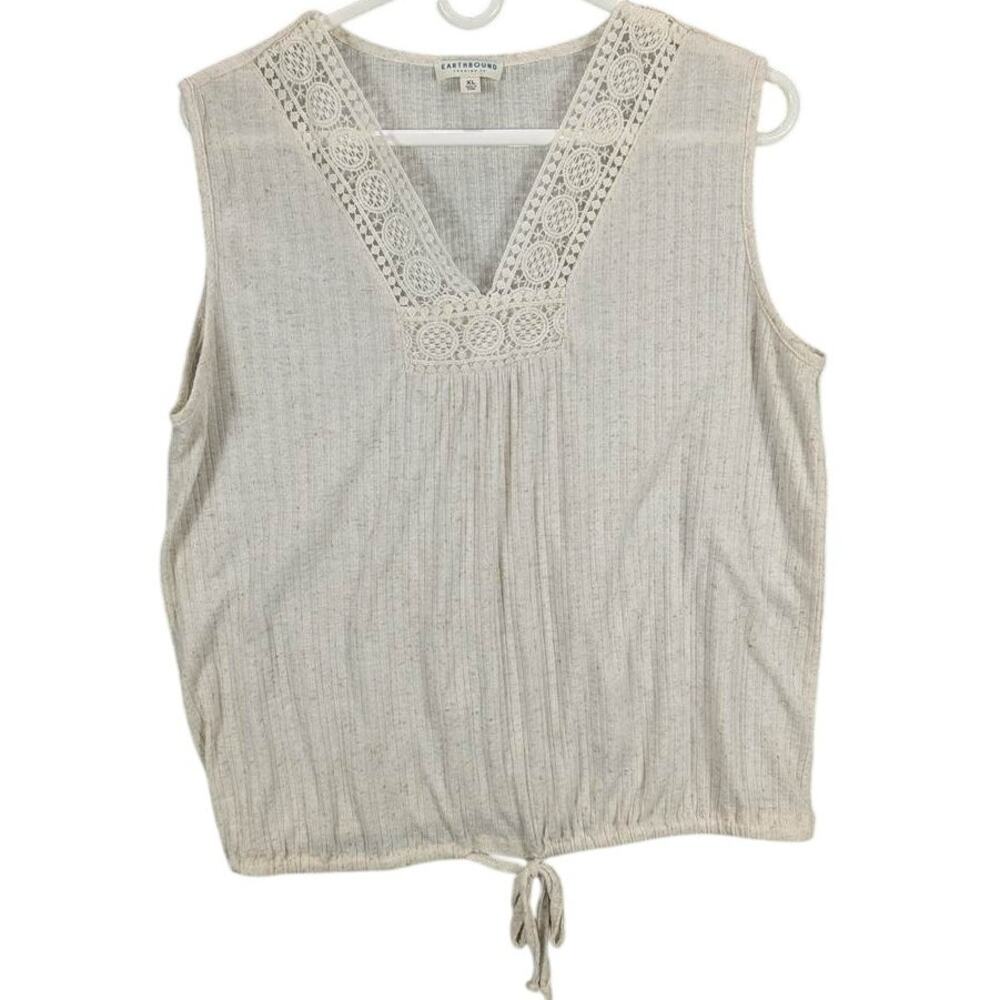 Earthbound Shirt Womens XL Beige Sleeveless Crochet Linen Blend Hippie Boho